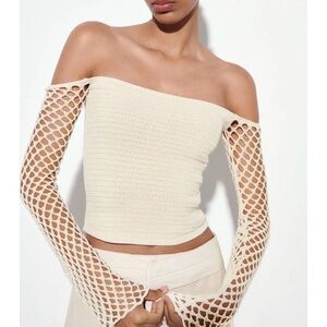 Zara Cream Off-the-Shoulder Sweater with Lace Sleeves
